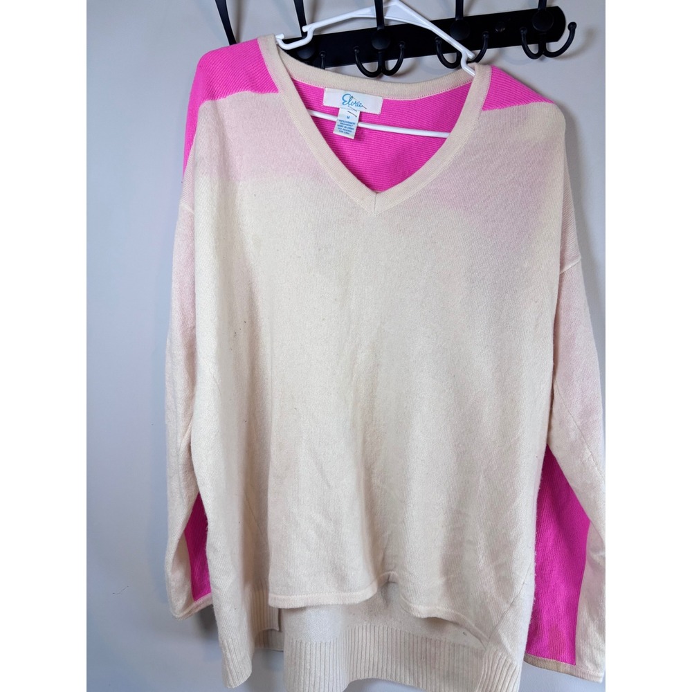 Elorie 100% Cashmere V-Neck Sweater Neon Pink Cream Color Block Oversized Medium